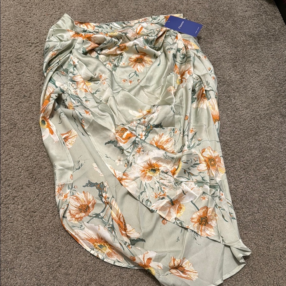 Floral Satin Skirt in Green and Orange